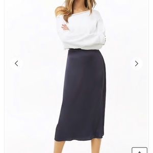 Navy Satin Midi Skirt